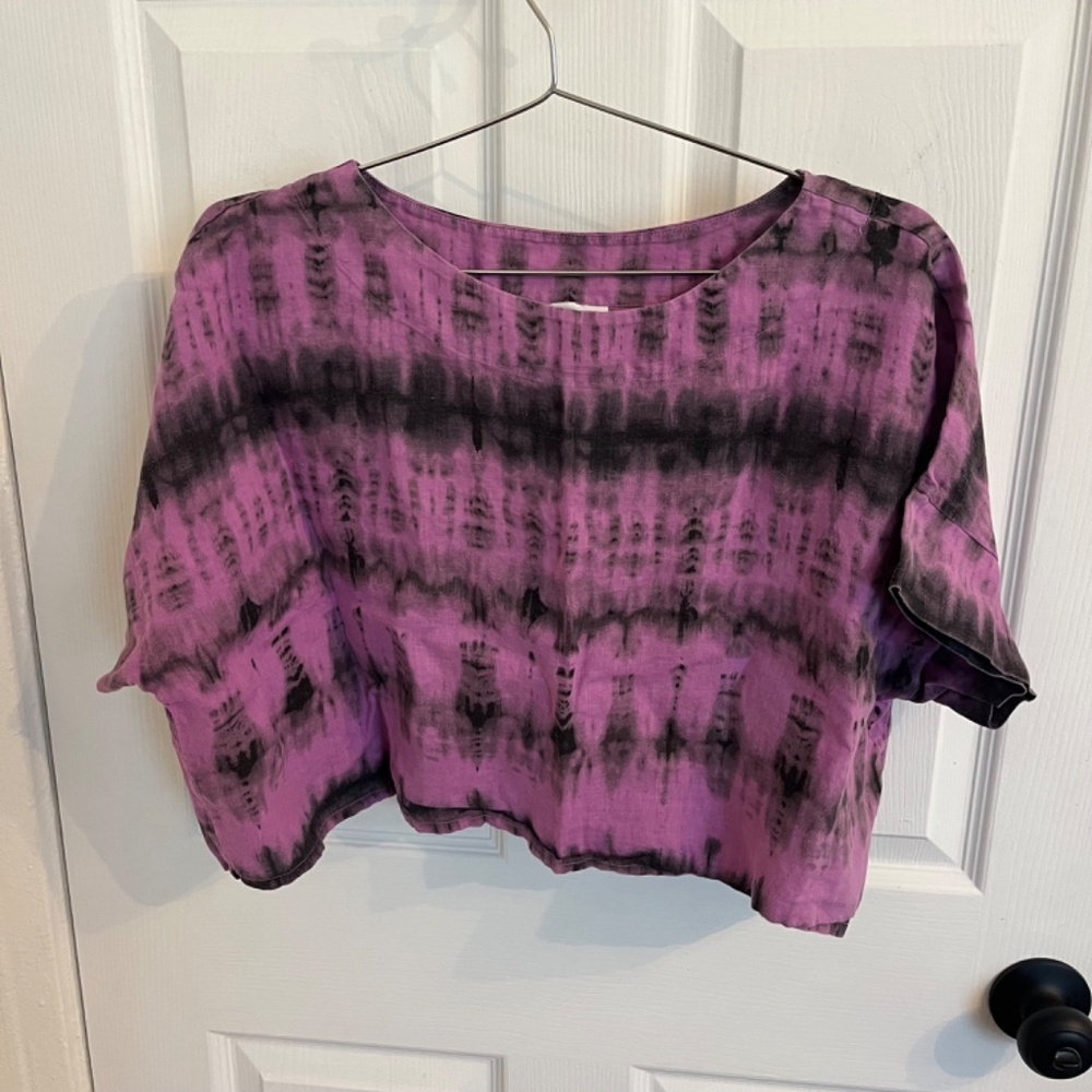 Bryn Walker Purple and Black Tie-Dye Linen Crop Top